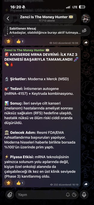 A screenshot of a Turkish Telegram chat in the "Zenci Is The Money Hunter" channel, discussing the massive surge in $MRNA (Moderna x Merck/MSD) shares. The post titled "KANSERDE mRNA DEVRİMİ" details a successful Phase 3 trial of an mRNA-4157 + Keytruda combination for advanced melanoma, noting the treatment reduced recurrence or death risk while Moderna's stock surged 100%+ amid FDA/EMA approval expectations.