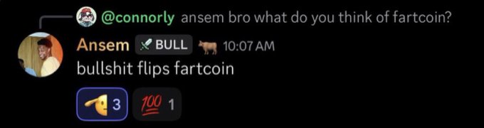 A Telegram-style chat screenshot where @connorly asks Ansem about fartcoin, and Ansem replies 'bullshit flips fartcoin' with a BULL tag and bull emoji at 10:07 AM.