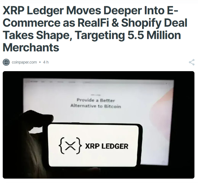 The image shows a person holding up their phone, which displays an advertisement for XPR Ledger. The advertisement features a white background with black text that reads "XRP Ledger moves deeper into e-commerce as Realfi & Shopify deal takes shape, targeting 5.5 Million merchants".