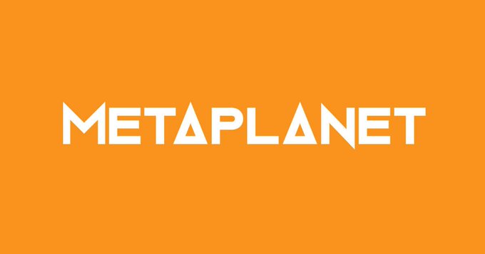 The image features the "METAPLANET" logo in white text on a bright orange background, with the letter "A" stylized as a triangle, representing the Japanese public company that has resumed its Bitcoin acquisitions.