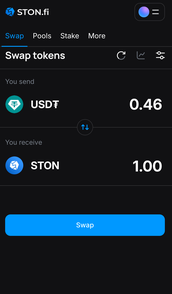 A screenshot of a STON.fi cryptocurrency swap interface showing an exchange from 0.46 USDT to 1.00 STON token.