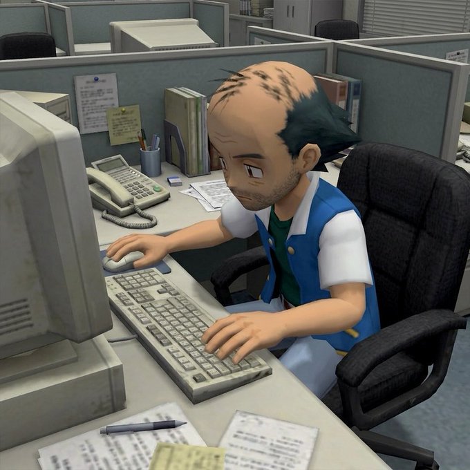 A 3D animated scene depicting a balding man with dark green hair sitting in an office cubicle. He is working at a computer, using a mouse and keyboard, wearing a blue and white vest over a green shirt.