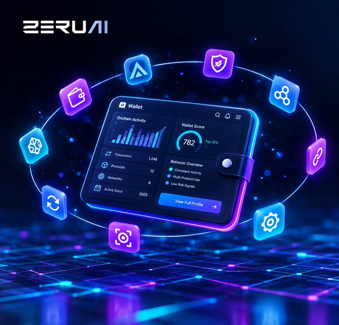 A futuristic 3D rendering of a ZERUAI digital wallet dashboard showing an 'Onchain Activity' chart, 'Wallet Score' of 782, and various statistics, surrounded by floating app icons.