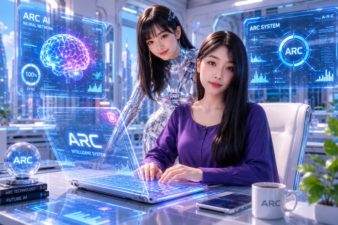Two young women work at a futuristic holographic workstation displaying "ARC NEURAL AI NETWORK," "ARC SYSTEM," and "ARC INTELLIGENT SYSTEM" interfaces, alongside an "ARC" crystal ball, books titled "ARC TECHNOLOGY" and "FUTURE AI," and an "ARC" mug. The image visually reinforces the post's message about ARC Terminal's core system advancing into a major transformation phase, symbolizing the powerful distributed platform through a sleek, AI-driven interface.