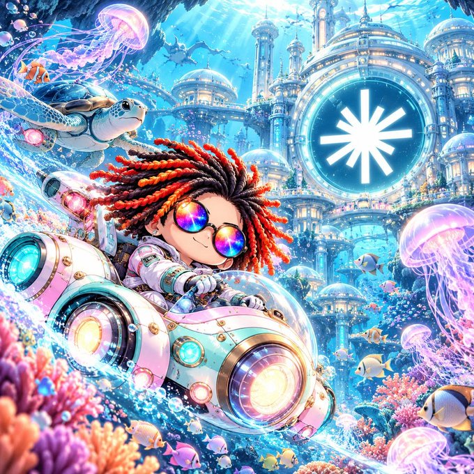 A vibrant digital illustration depicting a character with red dreadlocks and rainbow sunglasses riding a futuristic white submarine through an underwater city filled with jellyfish and coral, with a glowing star-like logo floating in the background.