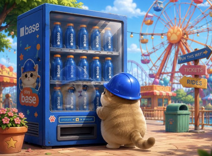 A cute cat wearing a blue cap stares into a vending machine labeled "base" at an amusement park with a Ferris wheel and signs for "FUN THIS WAY," "TICKETS," and "RIDES." The "choose wisely" caption cleverly plays on the vending machine's selection, suggesting the cat faces a tough decision between drinks and rides.