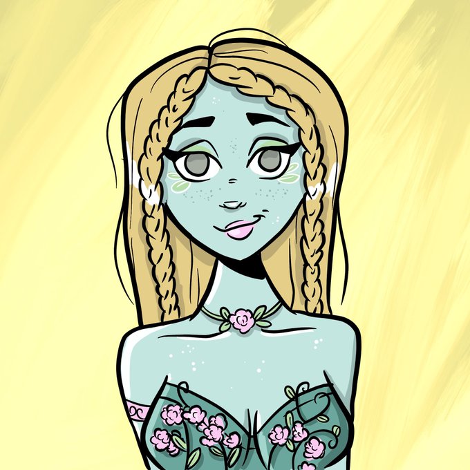 Cartoon-style illustration of a blue-skinned fairy or elven woman with long blonde braided hair, green eyeshadow, and a floral green corset top against a yellow background.