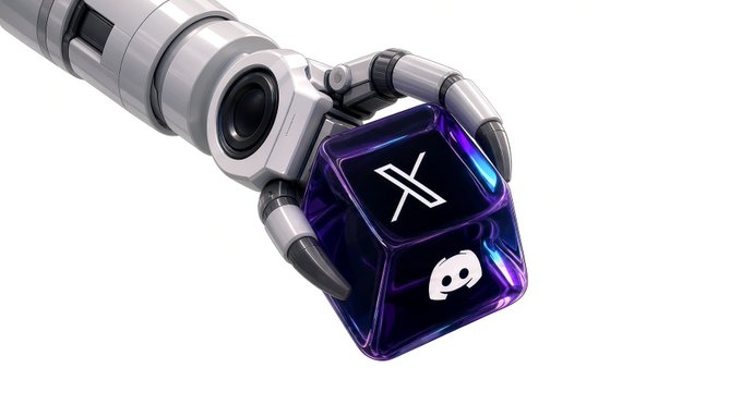 A robotic arm with white and silver segments grips a translucent blue die displaying the white X (formerly Twitter) and Discord logos.
