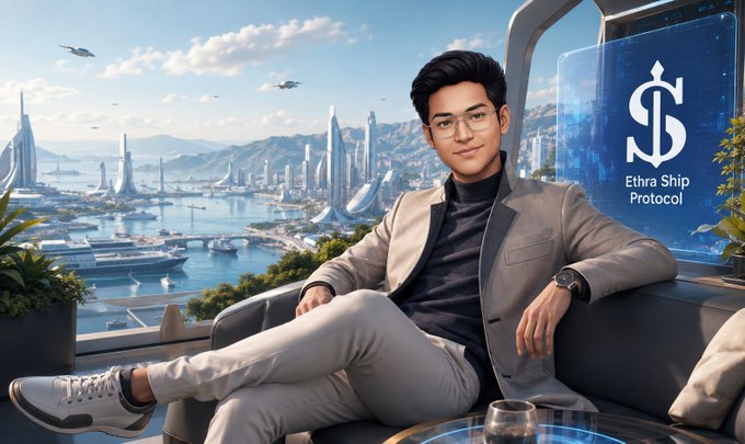 A digital illustration of a young man in a gray suit sitting in a modern lounge overlooking a futuristic cityscape, with a sign reading 'Ethra Ship Protocol'.