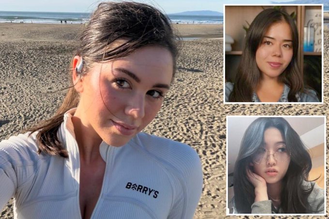 A young woman in a white 'BARRY'S' zip-up top runs on a sandy beach with the ocean in the background, accompanied by two inset photos of other women.