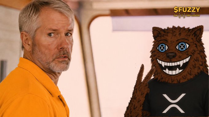 A man in an orange shirt looks sideways with a surprised expression at a cartoon brown wolf mascot wearing a black shirt with the XRP logo, while text in the corner reads "$FUZZY ON XRP LEDGER," visually illustrating the joke about XRP declaring itself second-best to Bitcoin.