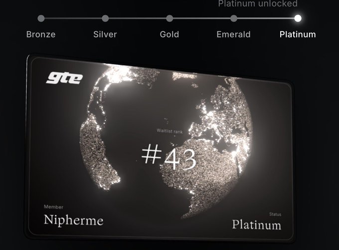 A glowing "Platinum unlocked" achievement card for GTE Waitlist member "Nipherme," ranked #43 globally with a Platinum status indicator along the tier progression bar from Bronze to Platinum. The image reinforces the accompanying post by showcasing a high rank achieved through the GTE Waitlist signup link, demonstrating the prestige of joining at waitlist.gte.xyz/r/DSJRE.