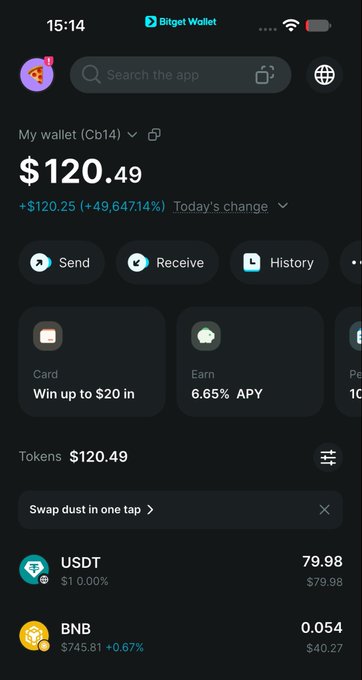A Bitget Wallet screenshot shows a total balance of **$120.49**, up **$120.25 (+49,647.14%)** today, including **79.98 USDT** and **0.054 BNB**. The accompanying post claims the roughly **$120** came from **$AXIS**, apparently as support or a reward from friends.