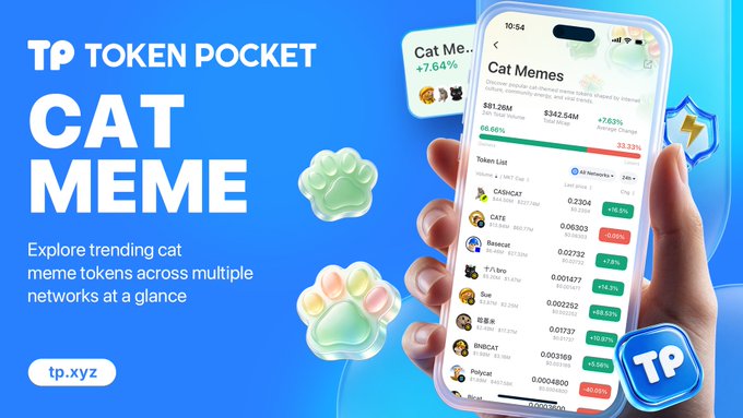 A promotional advertisement for 'TOKEN POCKET CAT MEME' on the tp.xyz platform, showing a smartphone displaying cat meme tokens like CASH•CAT, CATE, and others with their price changes.