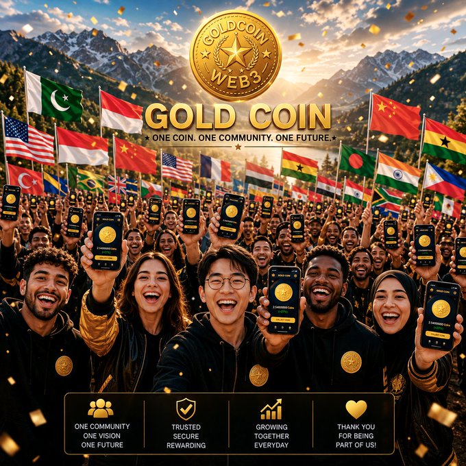 The image depicts a crowd of happy people holding up phones displaying "GOLD COIN WEB3" with flags from various countries in the background. The text "GOLD COIN * ONE COIN. ONE COMMUNITY. ONE FUTURE." is prominently displayed, aligning with the post's theme of global unity.
