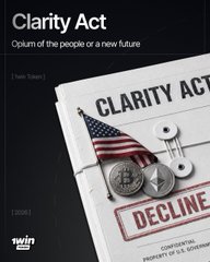 An audiobook cover titled 'Clarity Act: Column of the people or a new future' by Thom Tobey, featuring a folder labeled 'CLARITY ACT' with an American flag, keys, and a 'DECLINE' stamp.