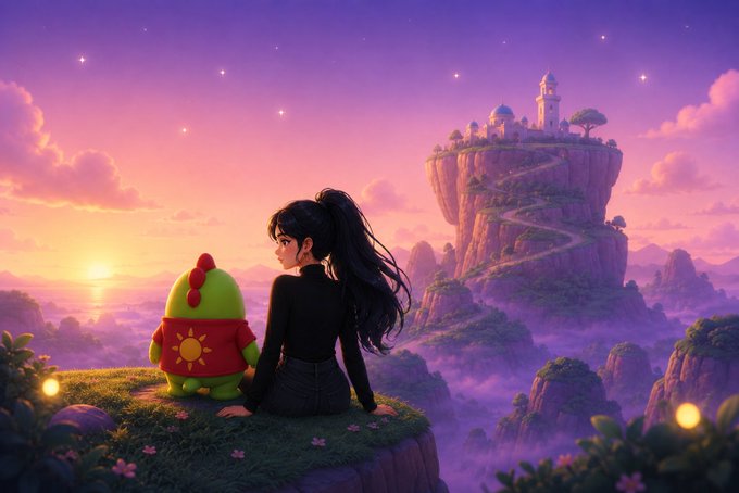 An animated illustration of a girl with a ponytail sitting beside a small green creature in a red outfit, gazing at a distant castle on a floating island during a purple sunset.