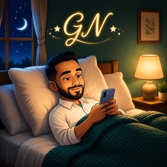 A cartoon illustration of a man with a beard lying in bed at night looking at his smartphone, with a glowing 'GN' (good night) sign above him and a crescent moon visible through the window.