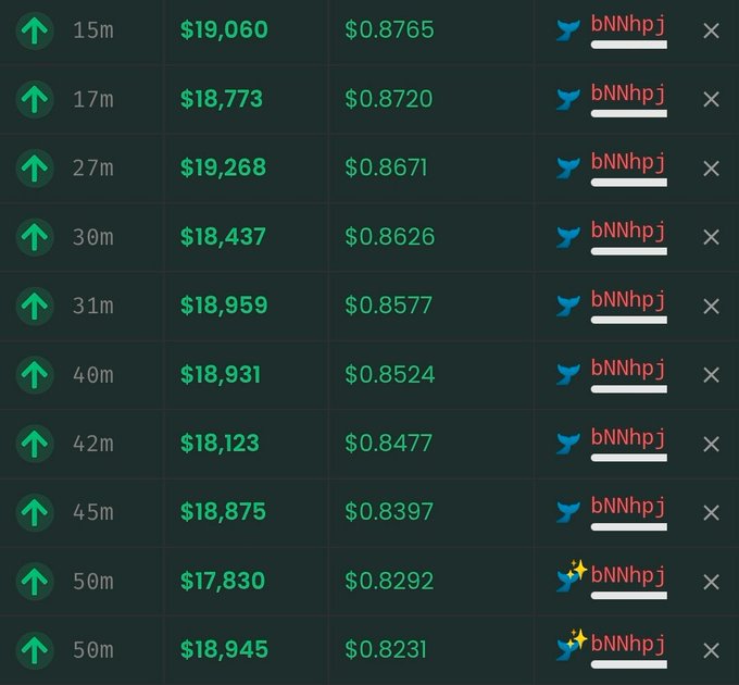 A financial dashboard displays a table of transactions with green upward arrows, timeframes like '15m' and '17m', monetary values, dollar prices, and the user 'bNNhpj'.