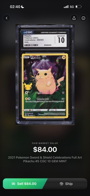 A smartphone screenshot of a trading app showing a CGC 10 graded 2021 Pokemon Sword & Shield Celebrations Full Art Pikachu card valued at a Fair Market Value of $84.00, with a 'Sell $84.00' button.