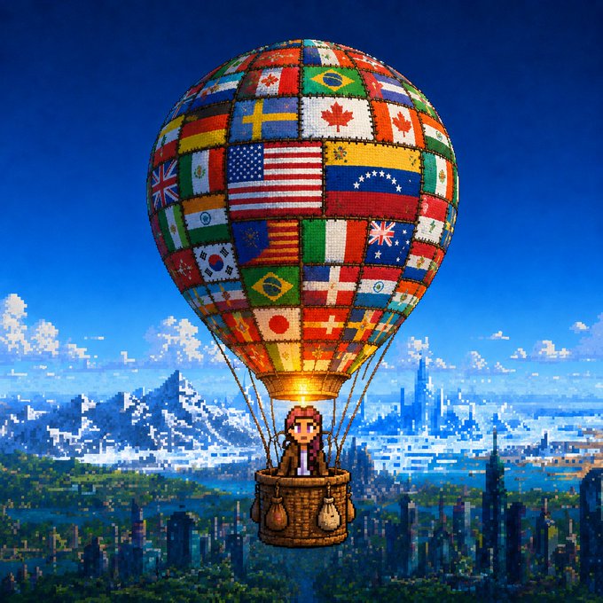 A pixel art illustration showing a character in a hot air balloon made of various world flags floating above a detailed landscape of mountains and a city.