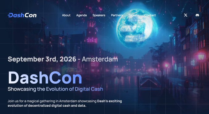 A promotional webpage for DashCon, a cryptocurrency event scheduled for September 3rd, 2026 in Amsterdam, featuring the tagline 'Showcasing the Evolution of Digital Cash' against a vibrant, neon-lit cityscape.