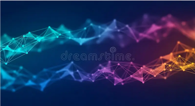 A vibrant abstract visualization of interconnected nodes and glowing lines in teal, purple, and orange hues against a dark background, with a "Dreamstime" watermark visible across the center. The image's network-like pattern symbolizes the interconnected, on-chain footprint and reputation-building focus that NucleusCodes emphasizes over superficial engagement metrics.