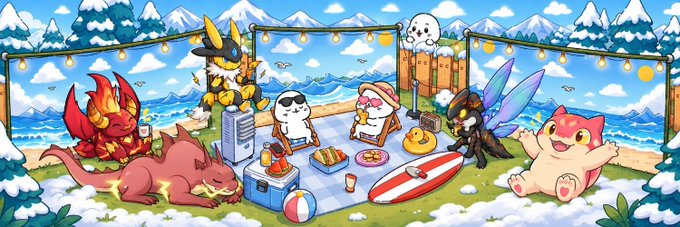 An illustrated promotional banner shows various colorful Pokémon characters—including Pikachu, Growlithe, Skitty, and Murkrow—enjoying a beachside barbecue with corn, donuts, and drinks beneath string lights.