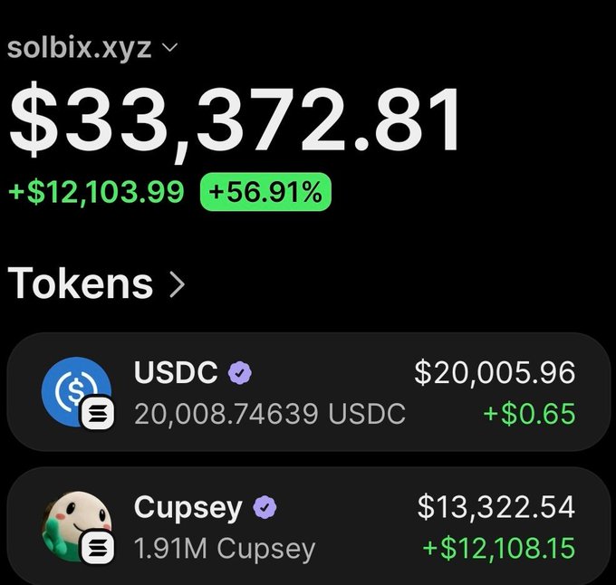 A crypto wallet screenshot for solbix.xyz showing a balance of $33,372.81 (+$12,103.99, +56.91%), broken down into 20,008.74639 USDC worth $20,005.96 (+$0.65) and 1.91M Cupsey tokens worth $13,322.54 (+$12,108.15), illustrating the post's claim of turning a $2,540 Cupsey investment into $36,000+ in profit as the token's market cap rose from $507K to $7M.