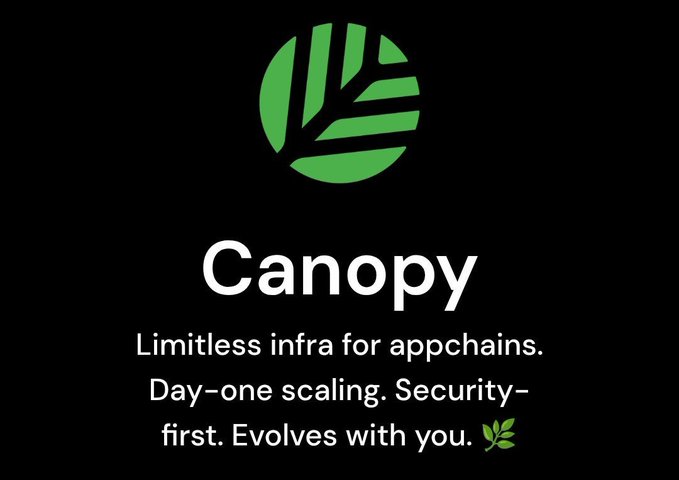 A black background displays the green 'Canopy' logo with the tagline 'Limitless infra for appchains. Day-one scaling. Security-first. Evolves with you.'