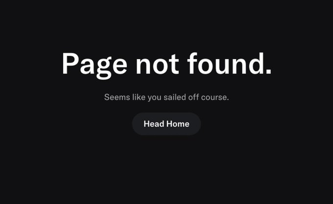 A dark gray 'Page not found' error screen displays the message 'Seems like you sailed off course.' with a 'Head Home' button.