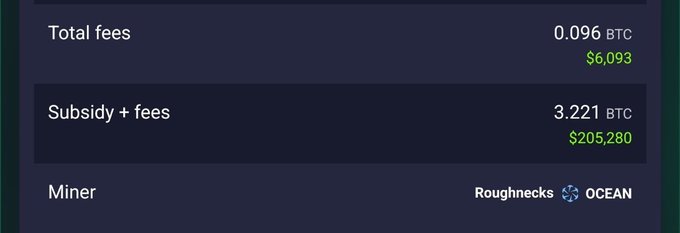 A dark-themed screenshot showing Bitcoin mining statistics: 'Total fees' of 0.096 BTC ($6,093), 'Subsidy + fees' of 3.221 BTC ($205,280), with the 'Miner' listed as 'Roughnecks OCEAN'.