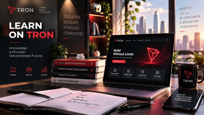 A promotional banner for TRON ('LEARN ON TRON - Knowledge a Stronger Decentralized Future') featuring a laptop, books, and branded merchandise on a desk.