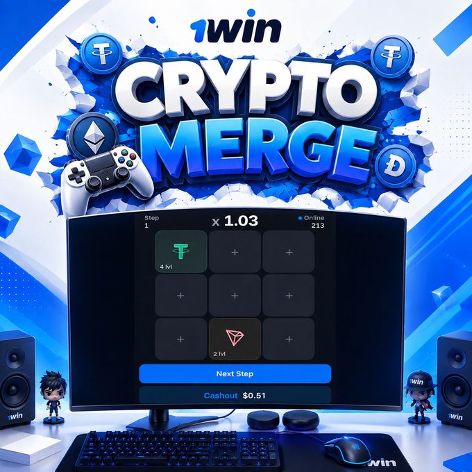 A promotional image for '1win CRYPTO MERGE' featuring a computer monitor displaying the game interface with cryptocurrency and gaming elements.