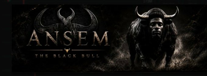 A dark fantasy banner reading 'ANSEM THE BLACK BULL' featuring a horned metallic bull emblem on the left and a shadowy horned bull creature emerging from smoke on the right.