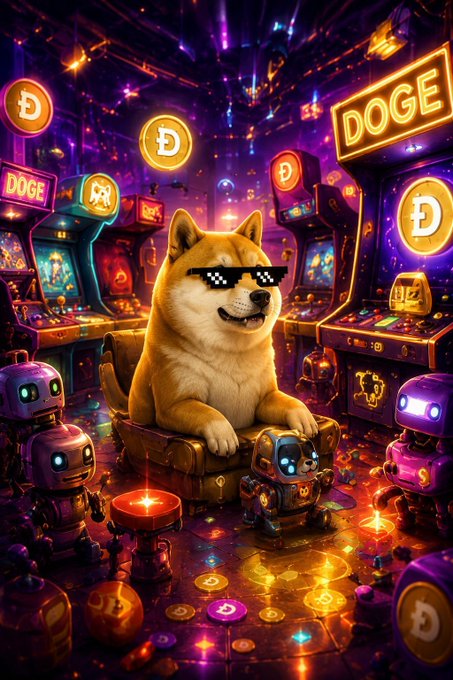 The image features a cartoon dog wearing sunglasses, sitting inside an arcade-like room filled with various arcade games. The dog appears to be enjoying itself as it plays these games. In the background, there are several other characters or game elements that add to the overall atmosphere of the scene. The caption for this image reads: "The dog knows how to play this crypto game with style".