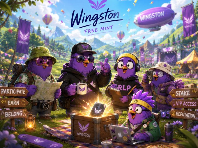 Whimsical promotional artwork for 'WINGSTON FREE MINT' showing purple bird characters in a festival setting with text labels: PARTICIPATE, EARN, BELONG, STAKE, VIP ACCESS, REPUTATION.