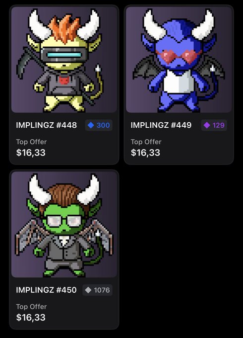 A screenshot displaying three pixel-art NFT characters from the 'Implings' collection (#448, #449, #450), each listed with a top offer of $16.33.