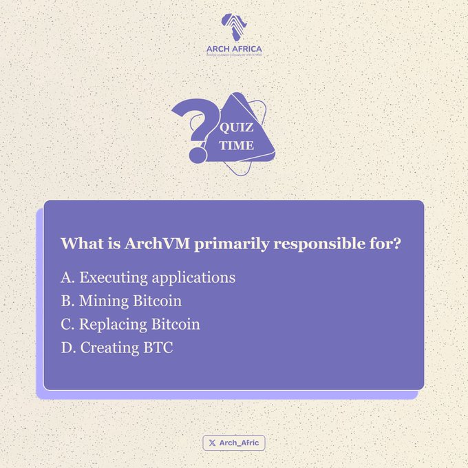 A quiz slide from Arch Africa asks 'What is ArchVM primarily responsible for?' with options A. Executing applications, B. Mining Bitcoin, C. Replacing Bitcoin, and D. Creating BTC.