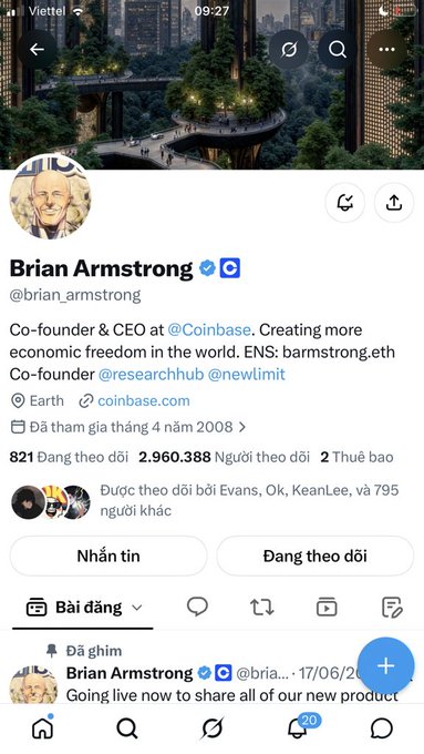 A Twitter/X profile page for Brian Armstrong (@brian_armstrong), Co-founder & CEO of Coinbase, displaying a follower count of 2,960,388 and a pinned post from July 17.