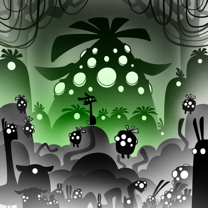 A stylized illustration featuring small, round black creatures with white spots and rabbit ears gathered in a dark landscape, with a larger creature and a glowing green pine tree-like structure in the background.
