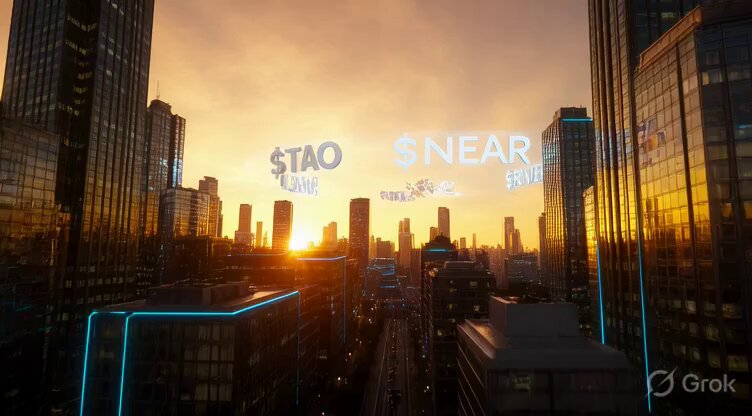The image shows a city skyline at sunset, with buildings of various sizes and colors. The sun is setting behind the buildings, creating a warm glow over the scene. In the foreground, there are three words floating in the air that read "Sao $O late", which could be interpreted as an advertisement or promotional message related to Bitcoin or cryptocurrency.