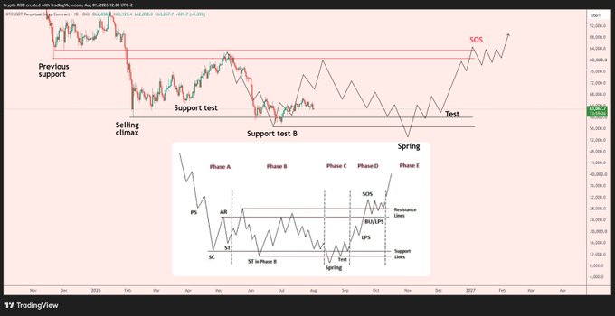 This chart shows a BTC/USDT analysis from TradingView displaying a Wyckoff accumulation pattern, featuring key phases including "Selling climax," "Support test," "Spring," "Test," and "SOS" (Sign of Strength), alongside a smaller inset diagram illustrating Phase A through E of the Wyckoff method with markings like AR, ST, SC, LPS, and BU/UPS. The image relates to the post by showcasing the author's earlier prediction of a Wyckoff accumulation pattern in Bitcoin, suggesting that despite initial skepticism three months prior, the projected bullish breakout (SOS) is now materializing, validating their analysis.