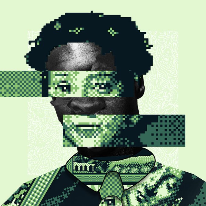 A collage-style digital portrait of a Black man's face with strips of green pixel-art and patterns covering his eyes and mouth, set against a light green background with faint doodle patterns.