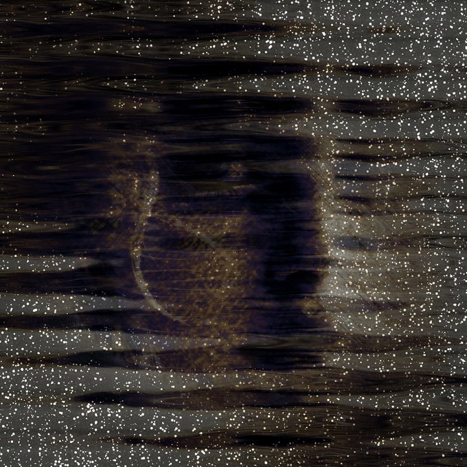 An abstract image showing a dark, textured surface with golden and purple web-like patterns and white speckles scattered throughout, resembling a cosmic or microscopic view.