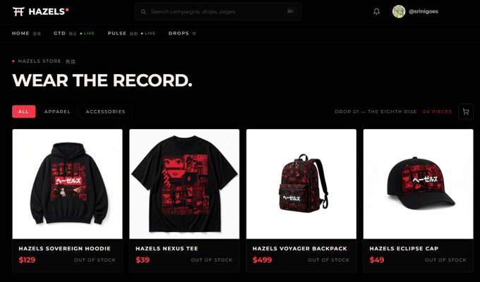 Screenshot of the Hazels online store titled 'WEAR THE RECORD,' displaying four merchandise items: Hazels Sovereign Hoodie ($129), Hazels Nexus Tee ($39), Hazels Voyager Backpack ($499), and Hazels Eclipse Cap ($49), all marked 'OUT OF STOCK.'