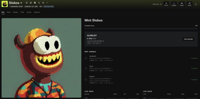 A screenshot of the Slobos NFT collection page on OpenSea, showing the "Mint Slobos" section with a mint price of 0.0045 ETH and a total supply of 125, alongside the pixelated Slobos character artwork. The page also displays upcoming schedules for Sloblist, Fots, and Pubg collections, matching the tweet's announcement about the Slobos mint event starting at 18:30.