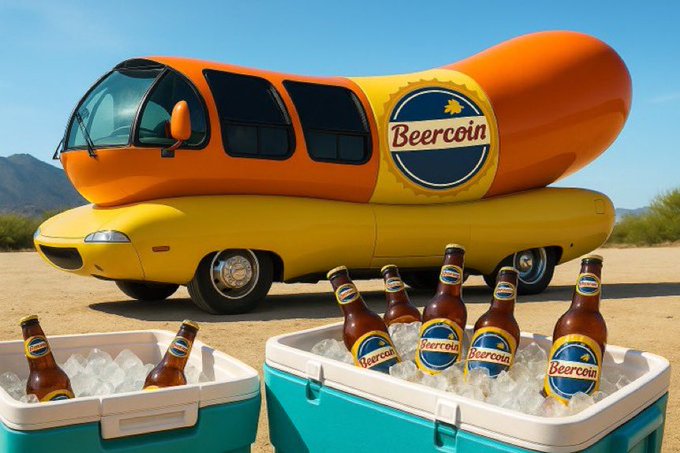 A surreal hot dog-shaped yellow and orange vehicle branded 'Beercoin' sits in a desert landscape, with coolers full of 'Beercoin' branded beer bottles in the foreground.