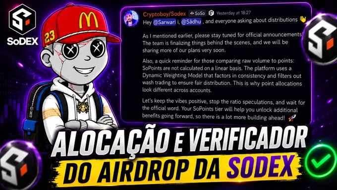 A YouTube thumbnail in Portuguese titled "ALOCAÇÃO E VERIFICADOR DO AIRDROP DA SODEX" featuring a cartoon character in a red cap with X eyes next to a SoDEX announcement post.