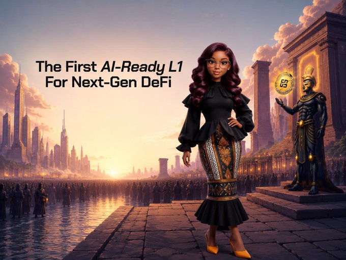 A woman in a black outfit stands before a glowing cityscape and a golden-armored figure, with the text "The First AI-Ready L1 For Next-Gen DeFi" prominently displayed, visually echoing the post's message about Nomisma Network's scalable, efficient infrastructure enabling new possibilities in decentralized finance.